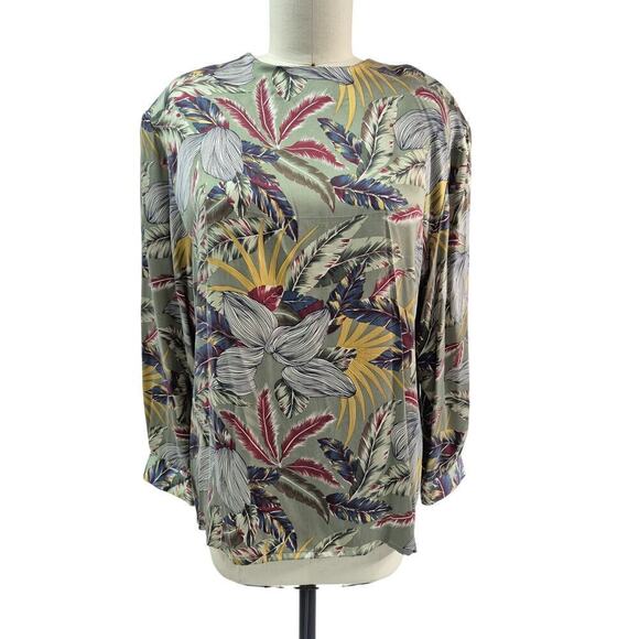DONCASTER Silks 100% Silk Blouse w/ Detachable scarf Tropical Green Print Sz 16 - Picture 6 of 6